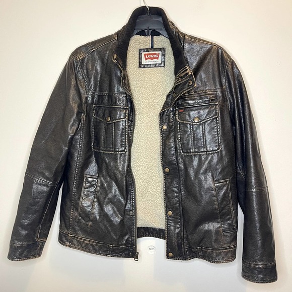 Levi's Mens Faux Leather Jacket with Sherpa Lining Brown Size Large - Picture 2 of 10